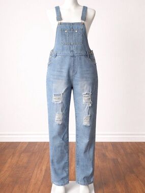 NWT Utcoco Light Wash Distressed Denim Overalls size L